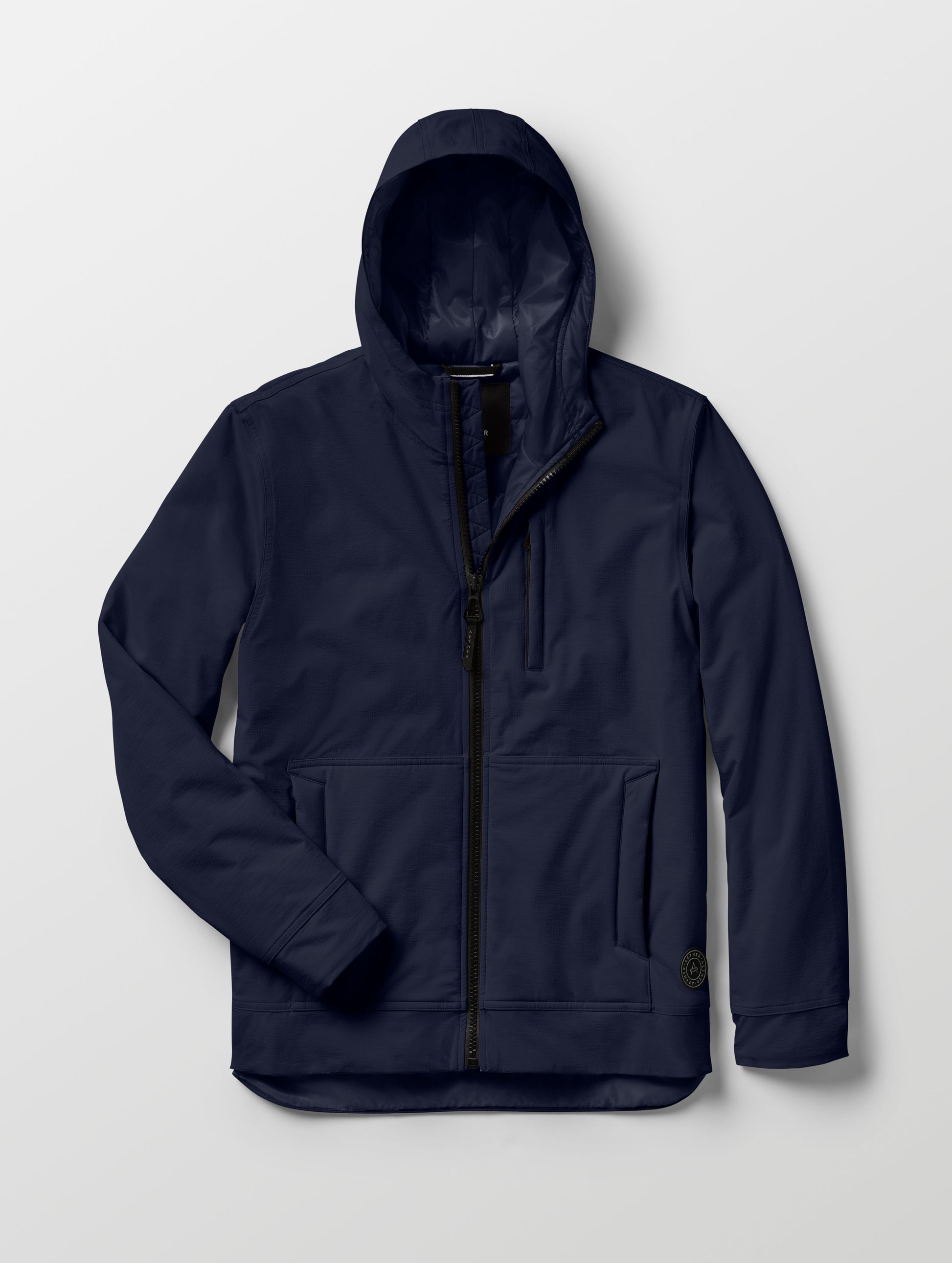 Flat lay of Stornaway Insulated Hoodie in Total Eclipse dark blue from AETHER Apparel.