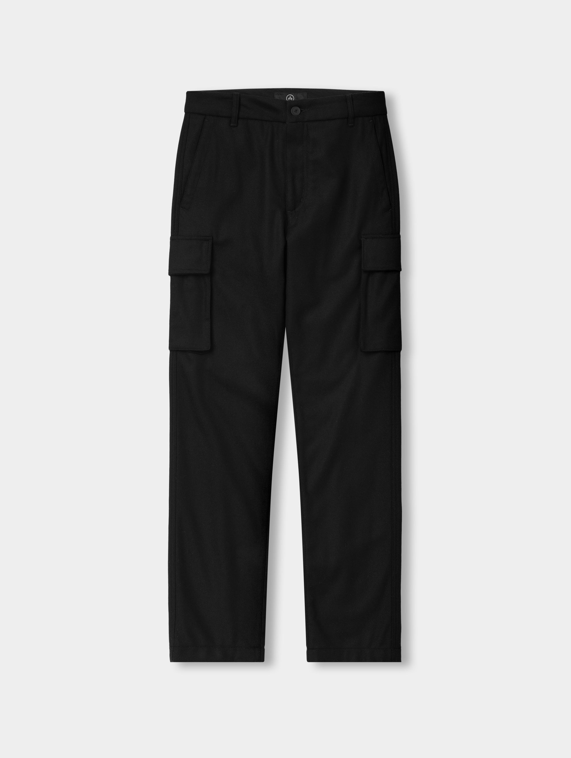 Flat lay of the Strata Wool Pant in Onyx Black from AETHER Apparel.