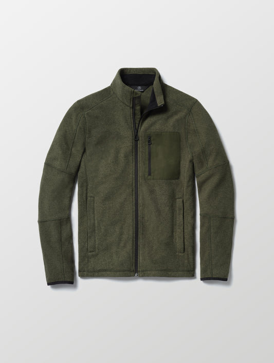 Flay lay of Sutherlin Full-Zip in Forest Green from AETHER Apparel.