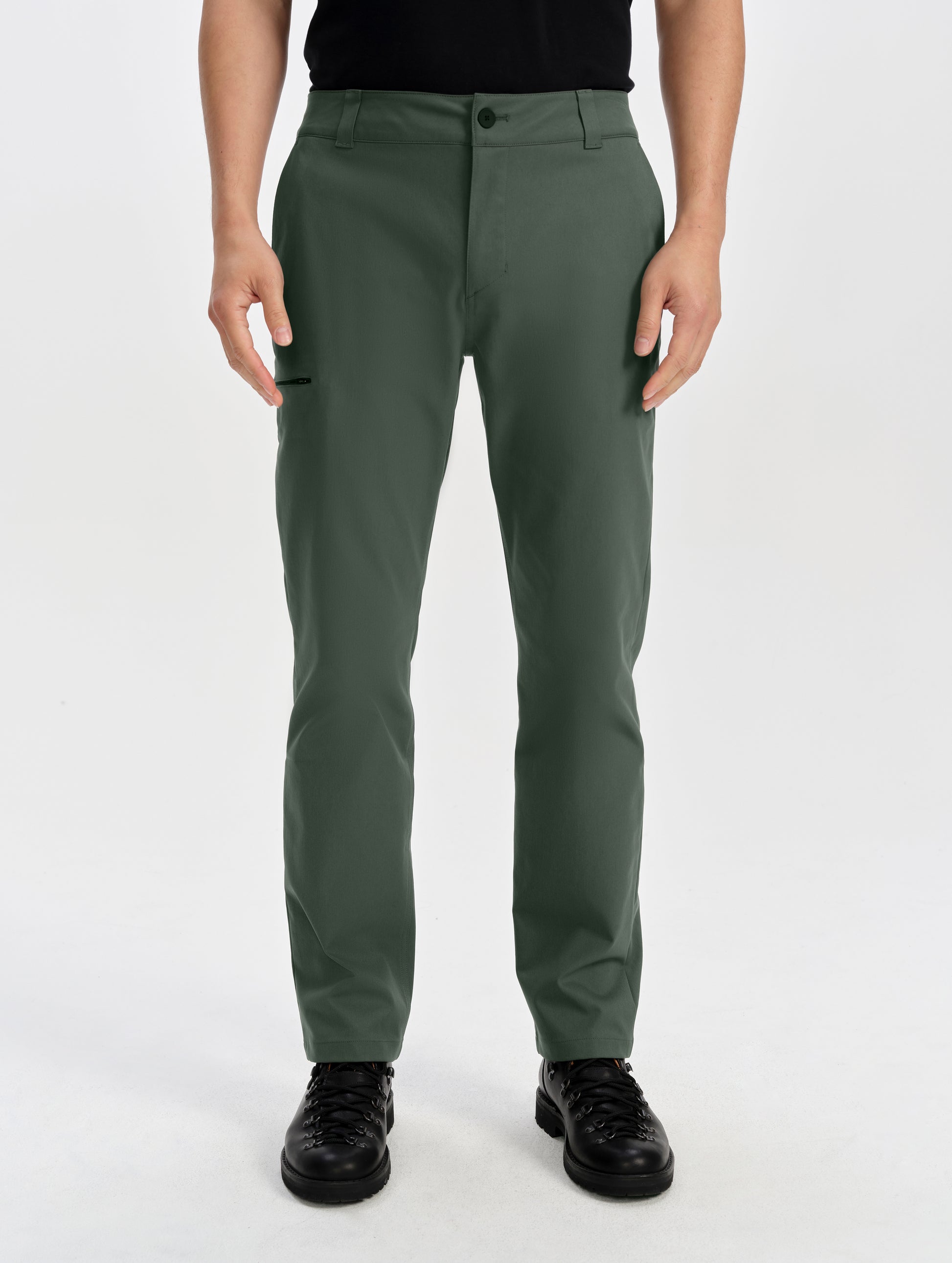 Front lower-body view of man wearing the Walden Tech Pant in Saville Green from AETHER Apparel. 