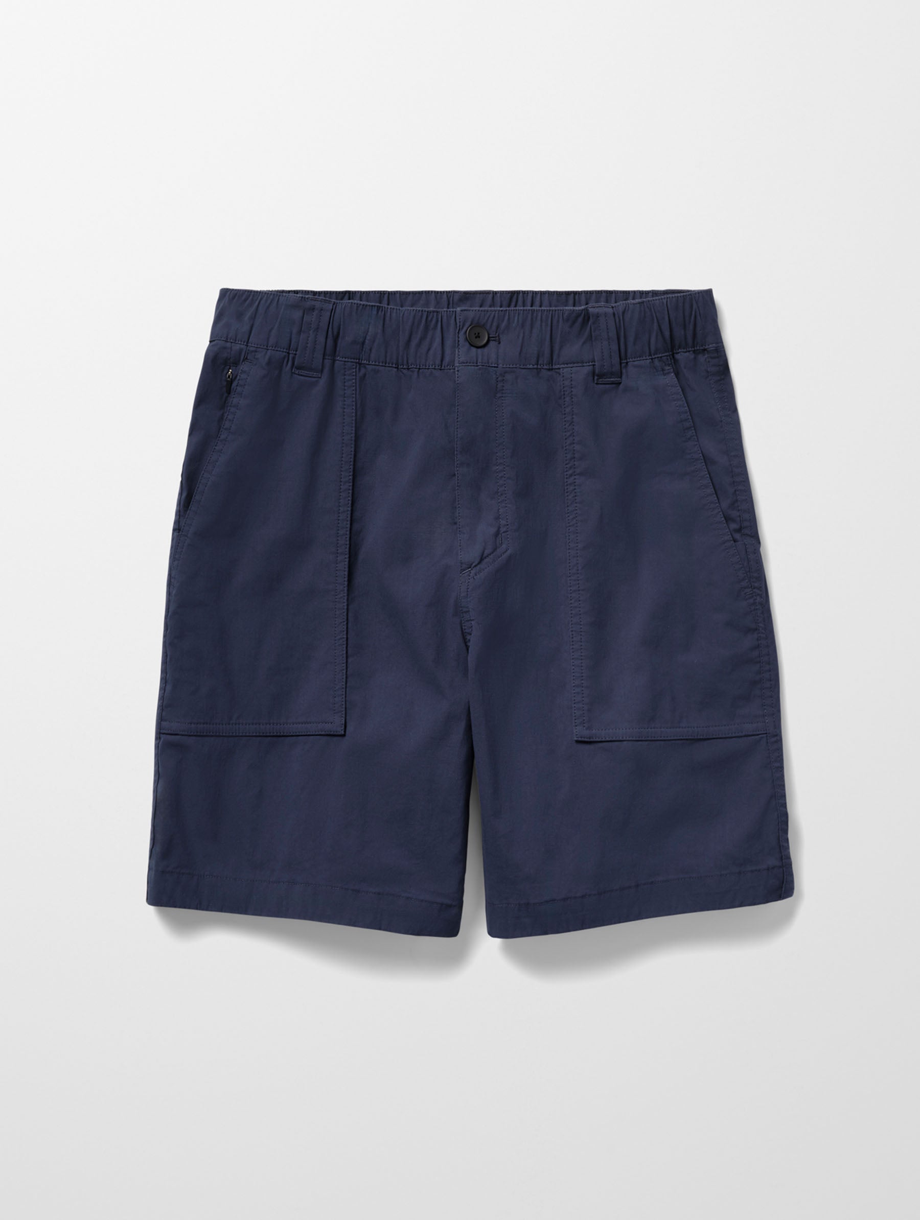 Flat lay image of the Zermatt Hiking Short in Total Eclipse dark blue from AETHER Apparel.