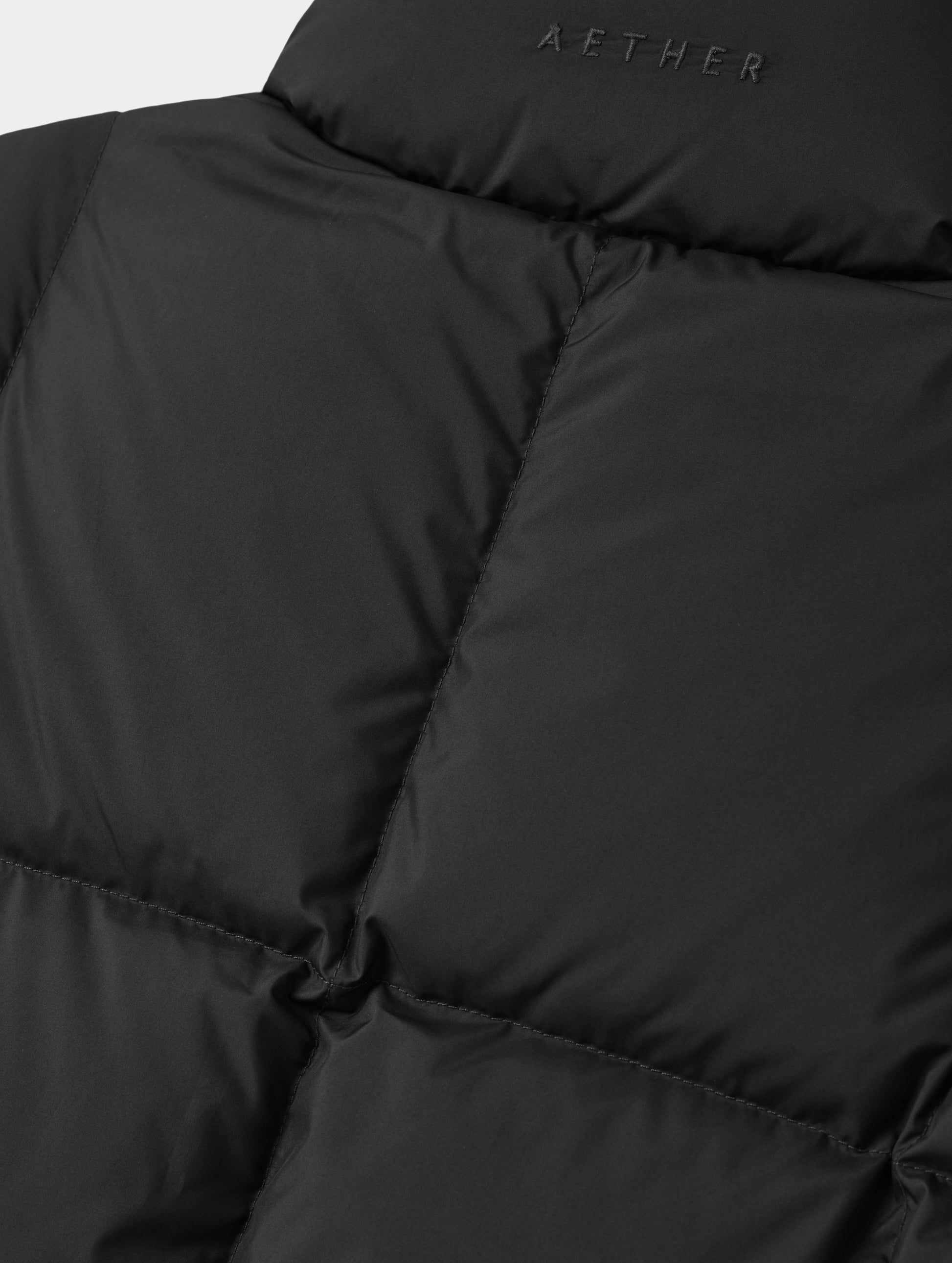 Closeup detailed view of the box-quilted back body on Nina Sweater Jacket 2.0 in Onyx Black from AETHER Apparel.