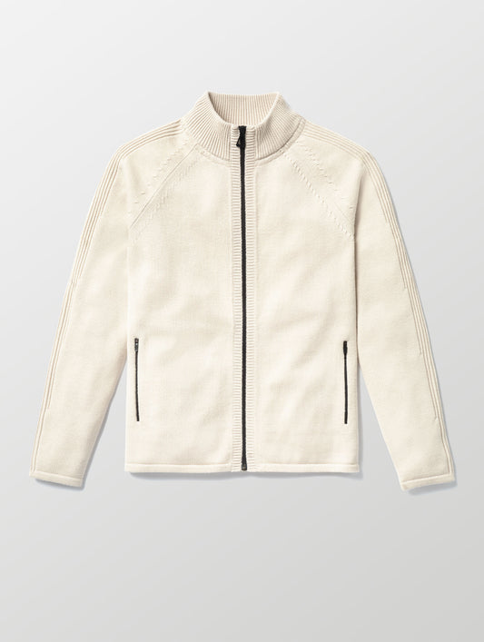 Flat lay image of Riley Full-Zip Sweater in Bone white from AETHER Apparel. 