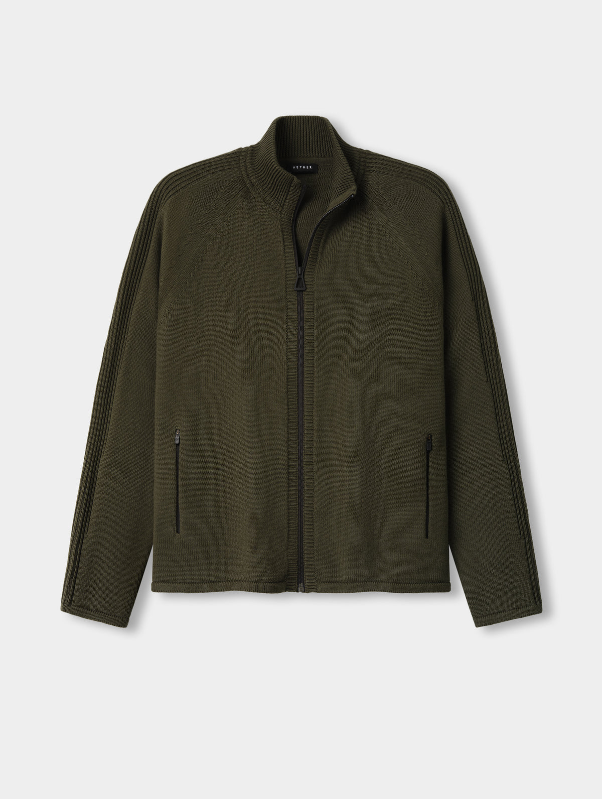 Flat lay image of Riley Full-Zip Sweater in Forest Green from AETHER Apparel. 