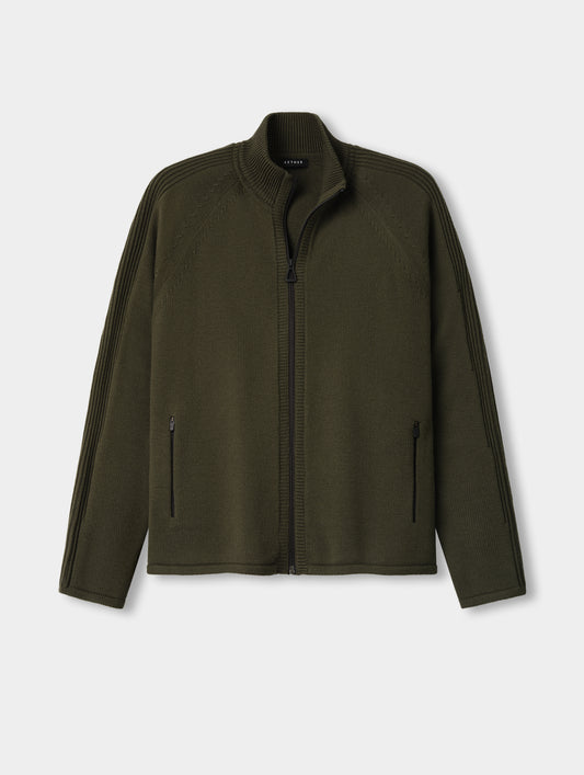 Flat lay image of Riley Full-Zip Sweater in Forest Green from AETHER Apparel. 