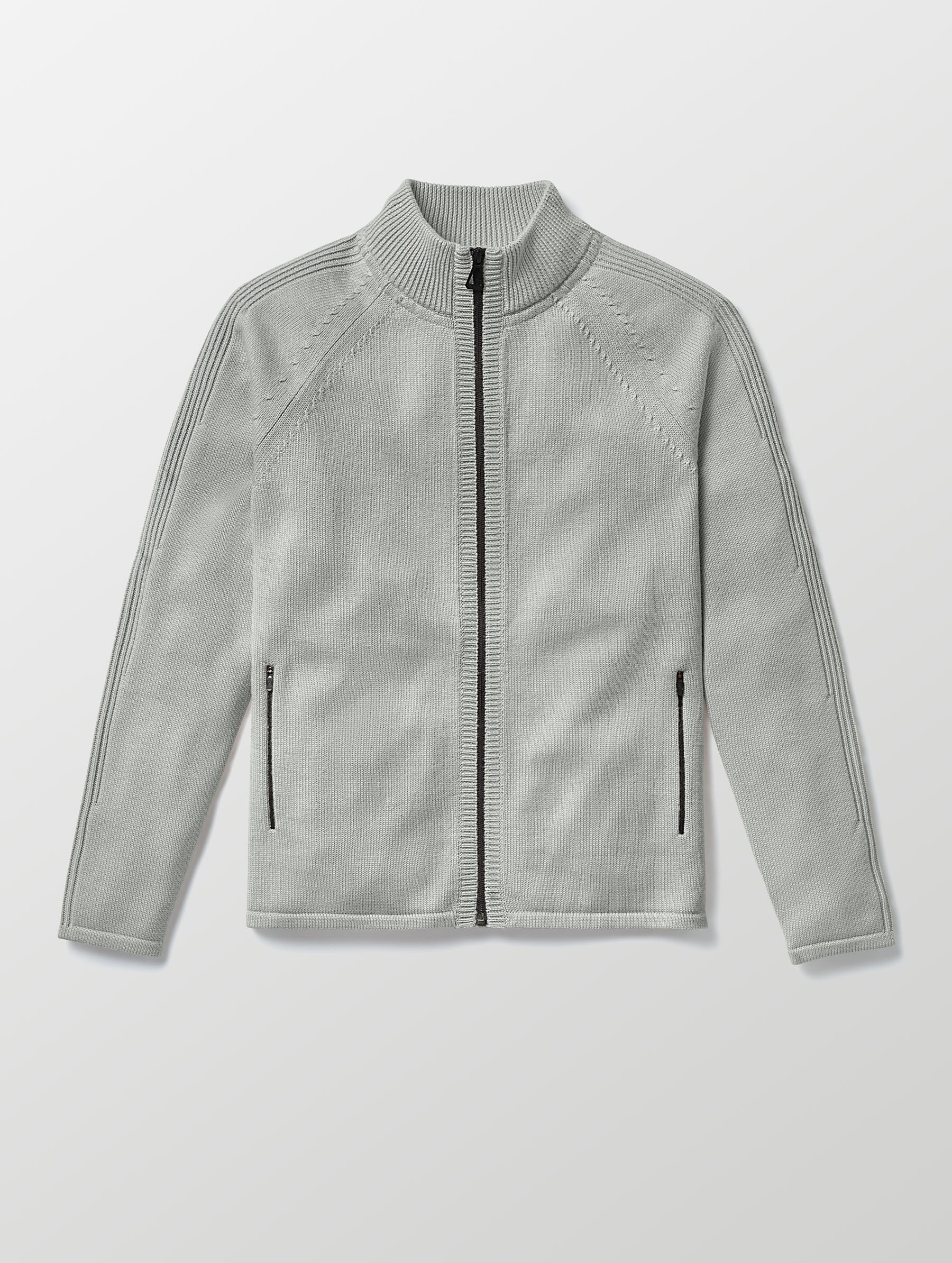Flat lay image of Riley Full-Zip Sweater in Light Heather Grey from AETHER Apparel. 