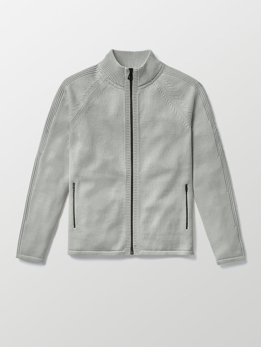 Flat lay image of Riley Full-Zip Sweater in Light Heather Grey from AETHER Apparel. 