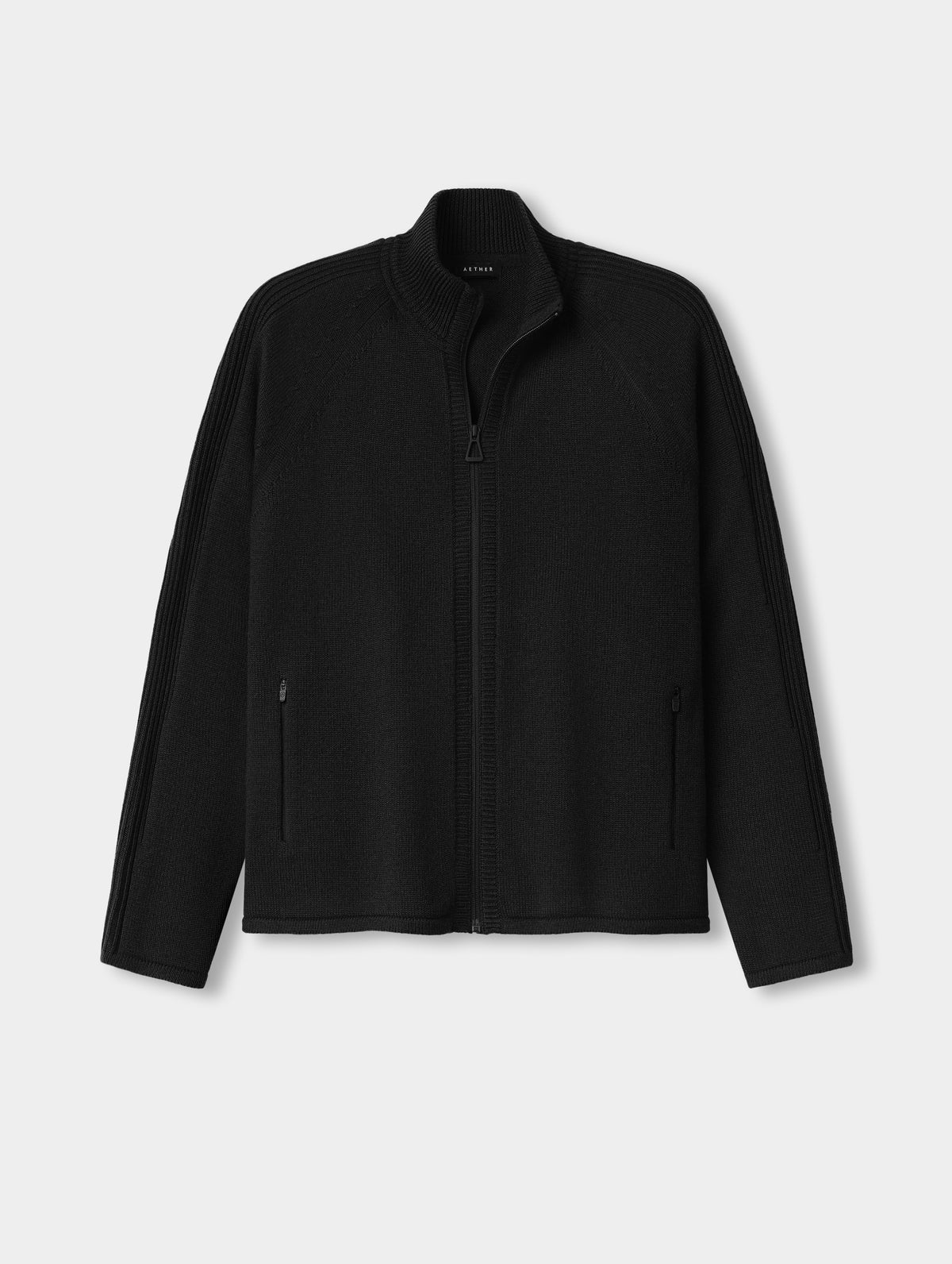 Flat lay image of Riley Full-Zip Sweater in Onyx Black from AETHER Apparel. 