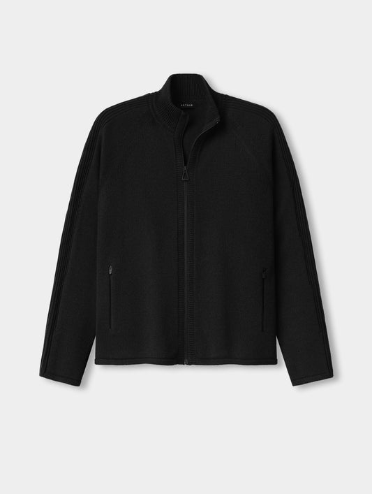 Flat lay image of Riley Full-Zip Sweater in Onyx Black from AETHER Apparel. 