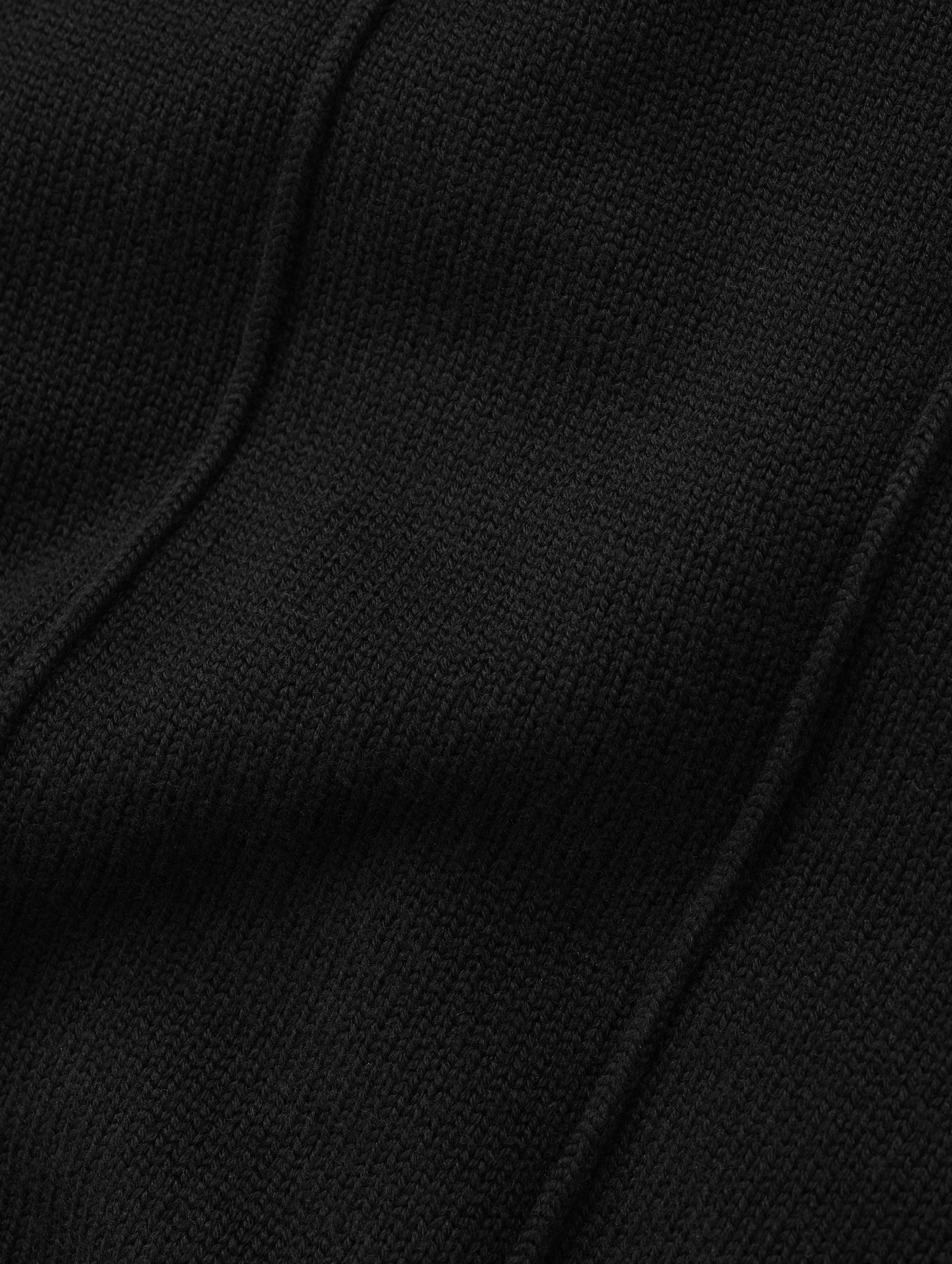 Closeup detailed view of the knitted merino wool construction on the Riley Full-Zip Sweater in Onyx Black from AETHER Apparel. 
