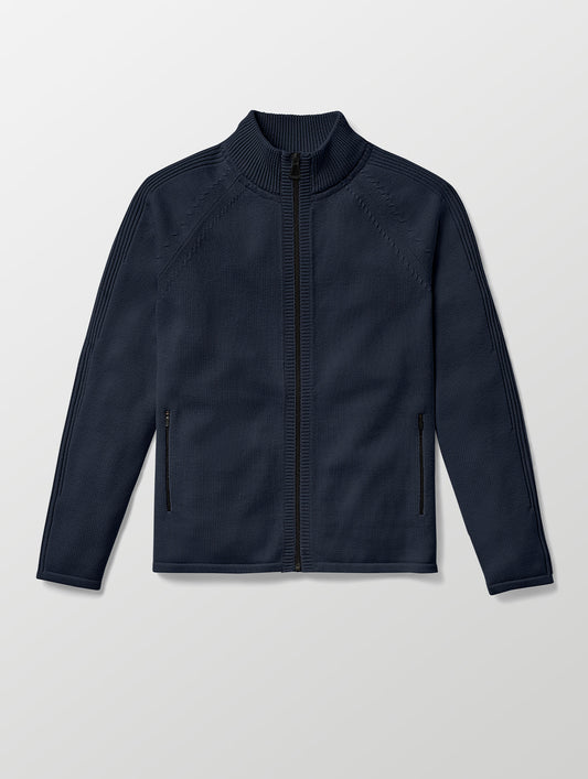 Flat lay of Riley Full-Zip Sweater in Total Eclipse dark blue from AETHER Apparel. 