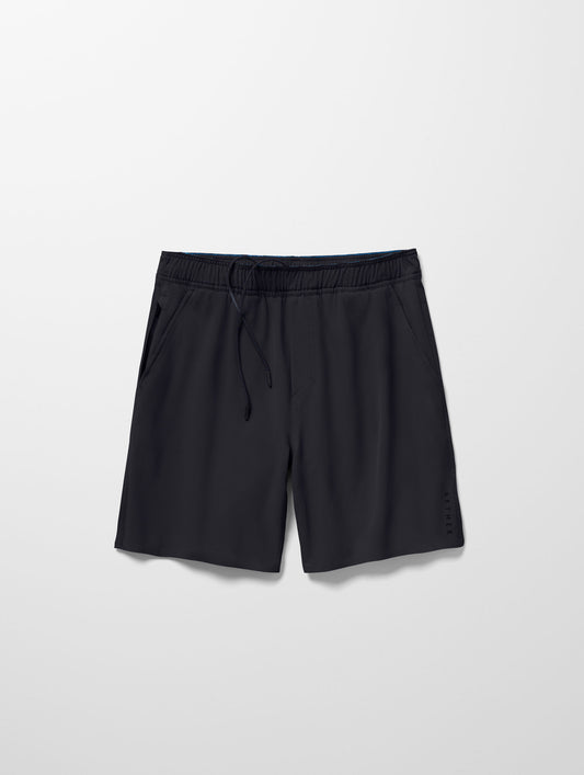 Flay lay image of Rogue Hybrid Short in Onyx Black from AETHER Apparel.