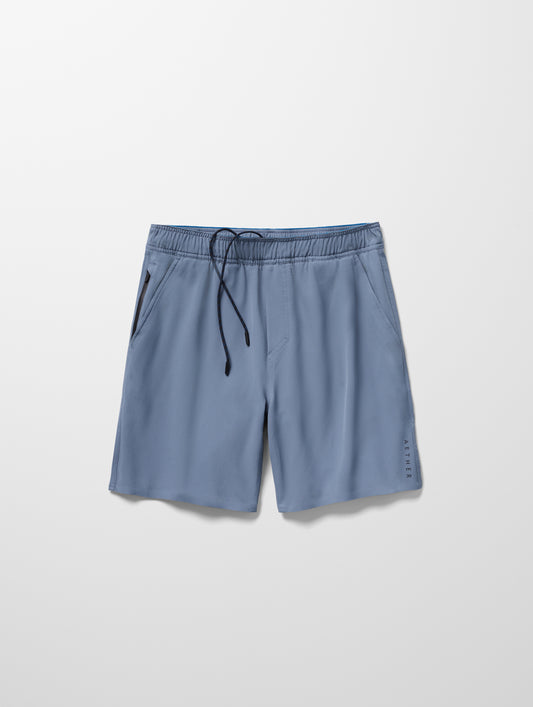 Flay lay image of Rogue Hybrid Short in Portal Blue from AETHER Apparel.