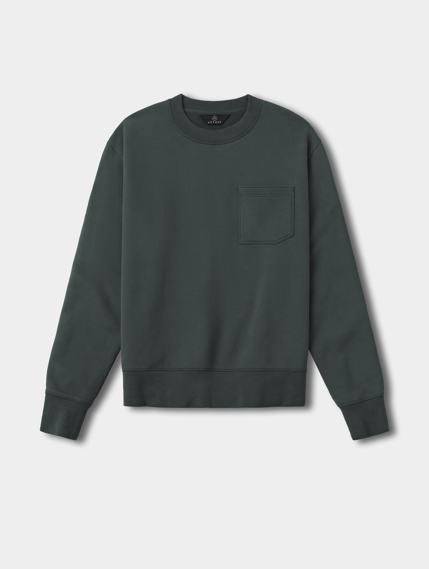 Flat lay view of the Rylan Crewneck Sweatshirt in Saville Green from AETHER Apparel.