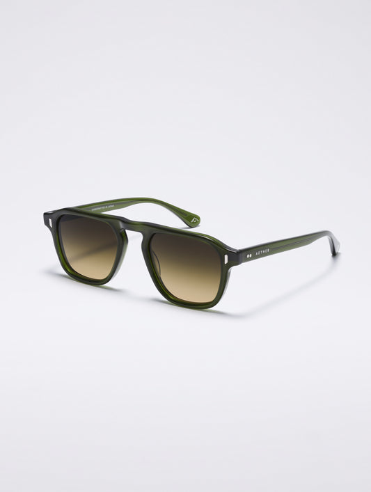 Front 3/4 view of Sequoia Sunglass in Green Tortoise with Green Gradient Lens from AETHER Apparel.