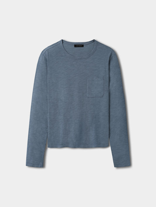 Flat lay view of the Slub Pocket Long-Sleeve Tee 2.0 in Portal Blue from AETHER Apparel.