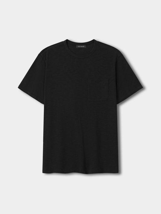 Flat lay view of the Slub Pocket Tee 2.0 in Onyx Black from AETHER Apparel.