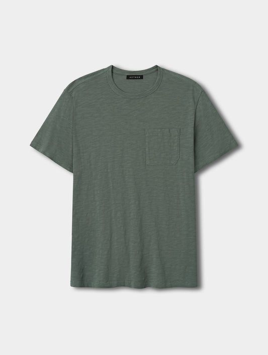 Flat lay view of the Slub Pocket Tee 2.0 in Gunmetal from AETHER Apparel.
