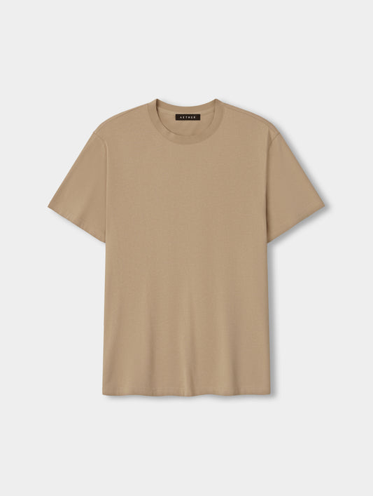 Flat lay view of the Standard Tee in Desert Tan from AETHER Apparel.