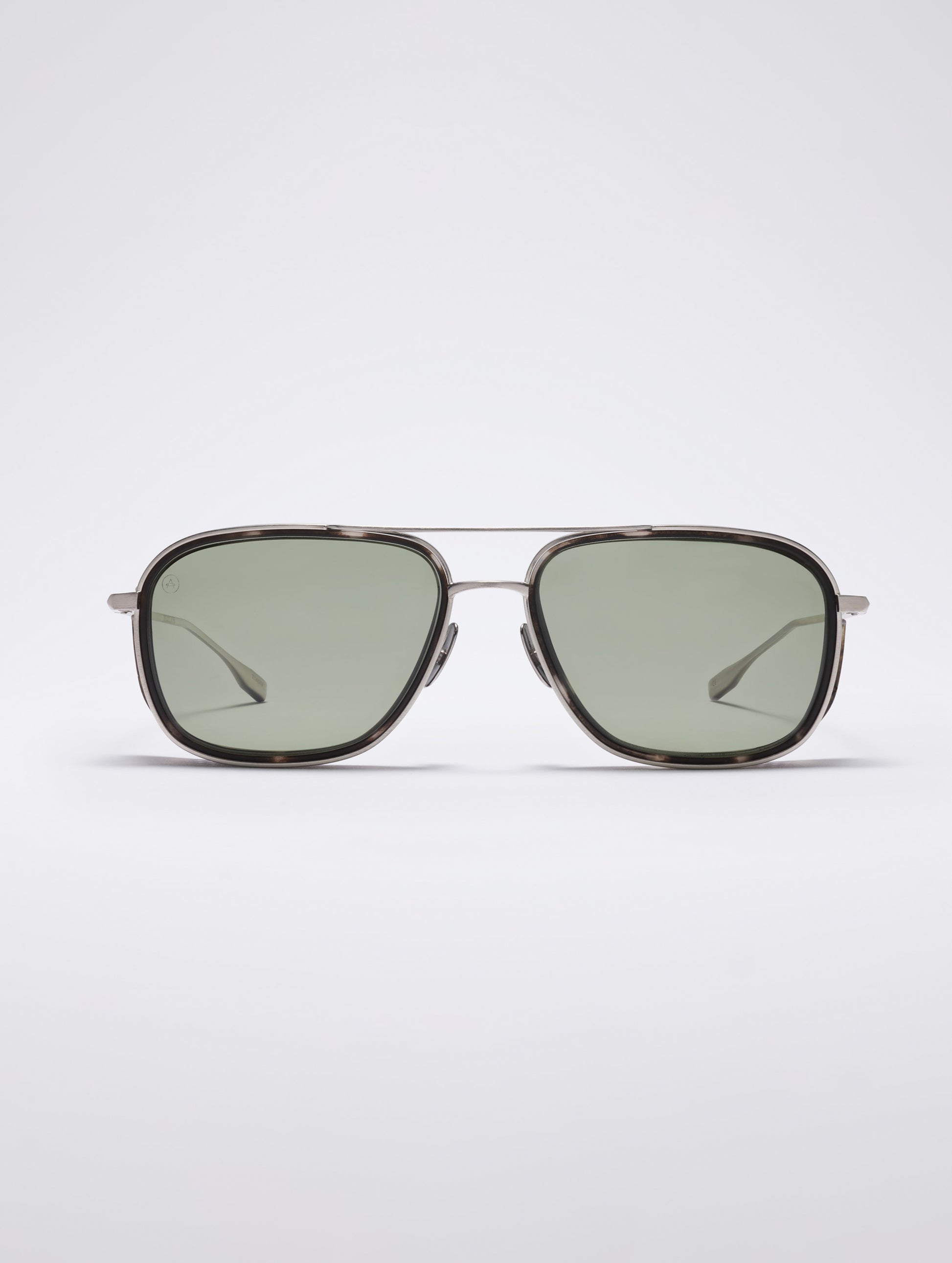 Front view of Summit Sunglass in Brushed Silver titanium with Grey Lens from AETHER Apparel.