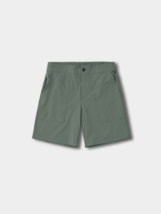 Flat lay view of the Velo Short in Gunmetal from AETHER Apparel.