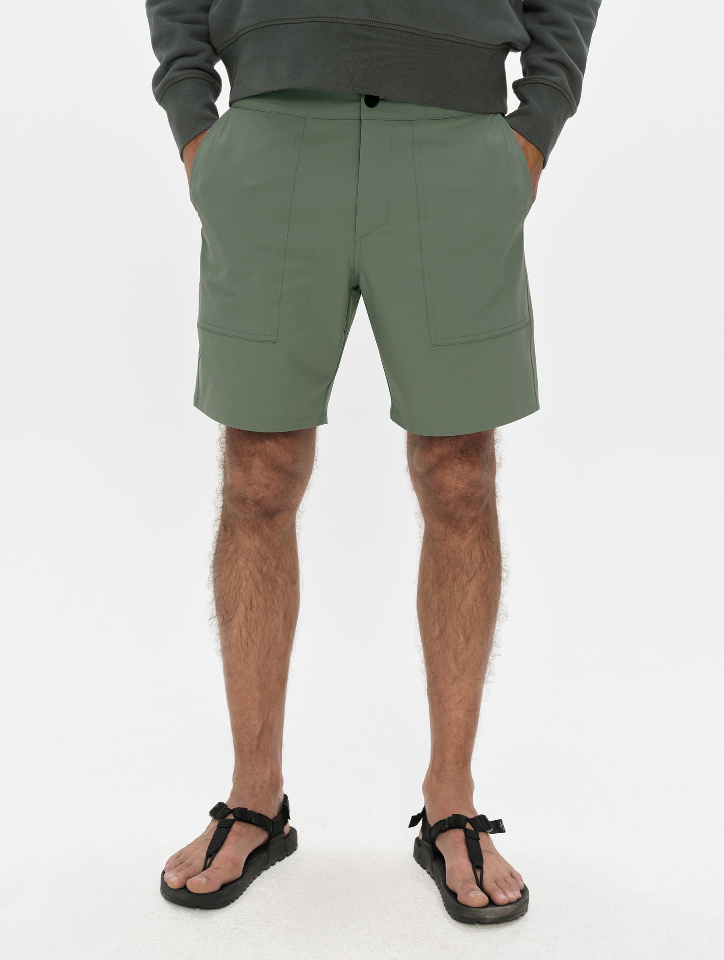 Front, lower-body view of man wearing the Velo Short in Gunmetal from AETHER Apparel.
