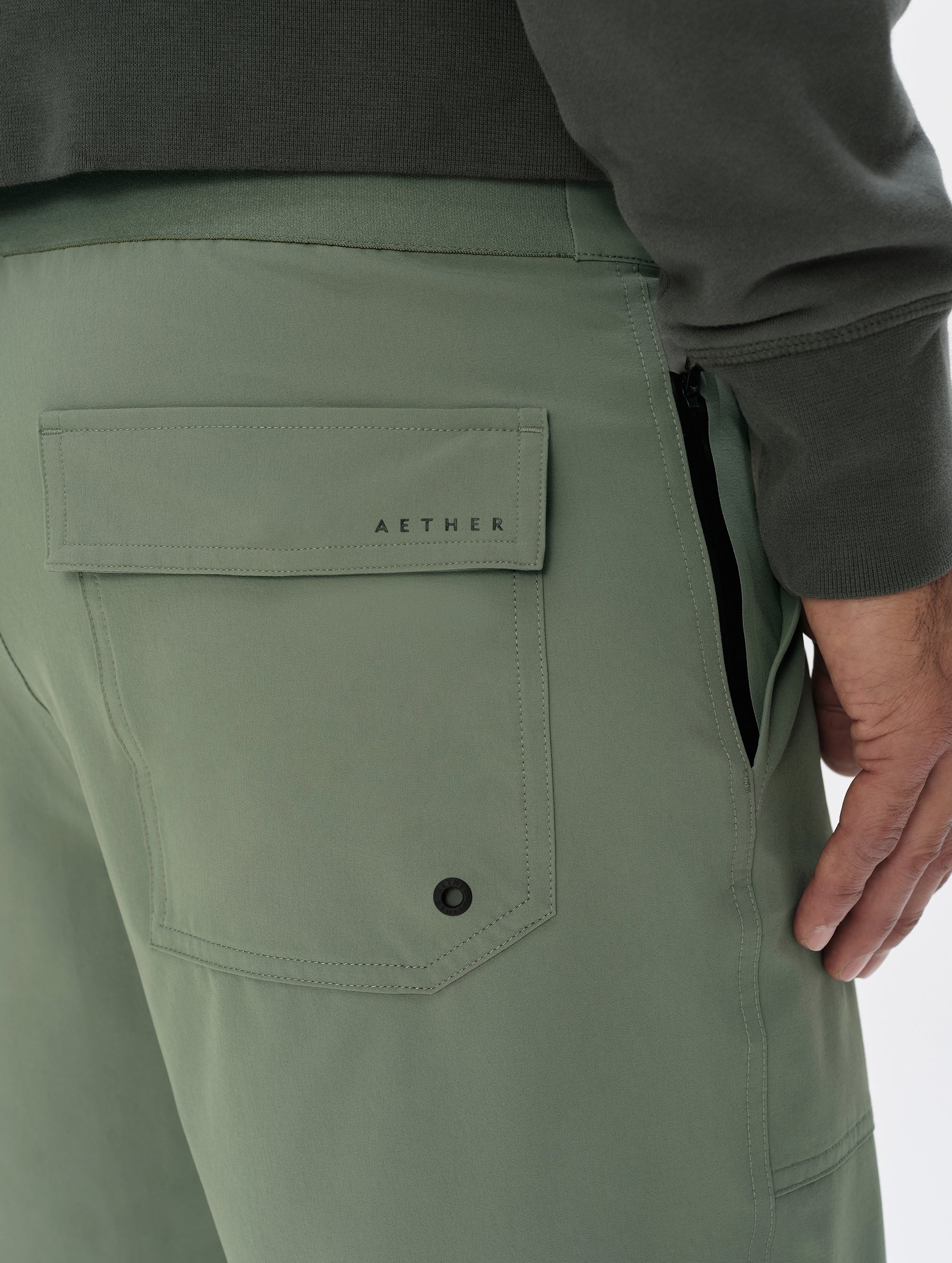 Closeup detailed view of the rear and side zippered pockets on the Velo Short in Gunmetal from AETHER Apparel.