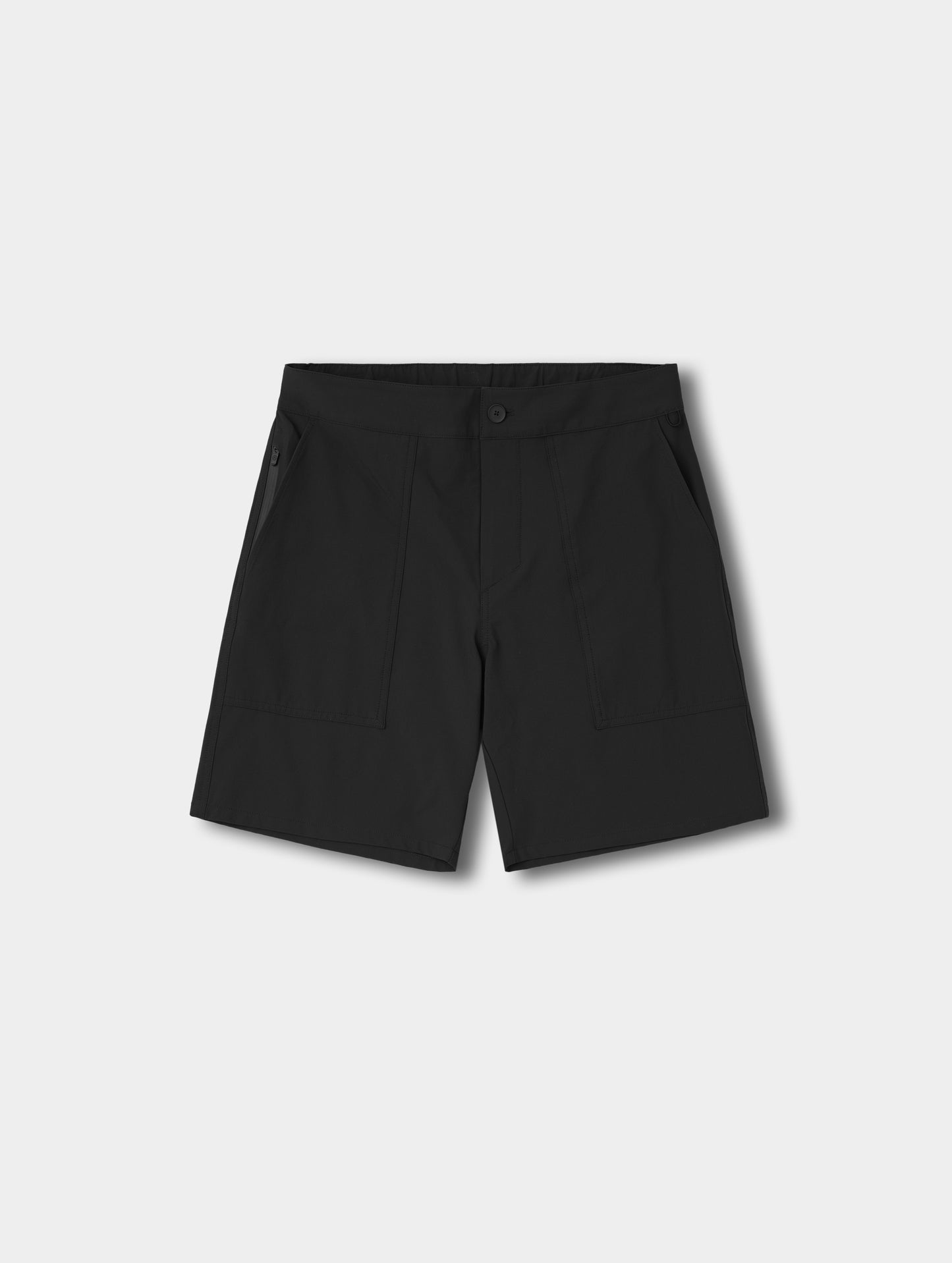 Flat lay view of the Velo Short in Onyx Black from AETHER Apparel.