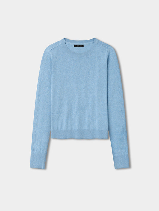Flat lay view of the women’s Aero Crewneck Sweater 2.0 in Cloud Blue from AETHER Apparel.