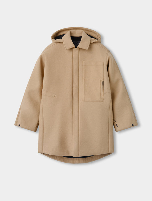 Flat lay view of the Affina Wool 3-in-1 Overcoat in Latte Brown from AETHER Apparel.