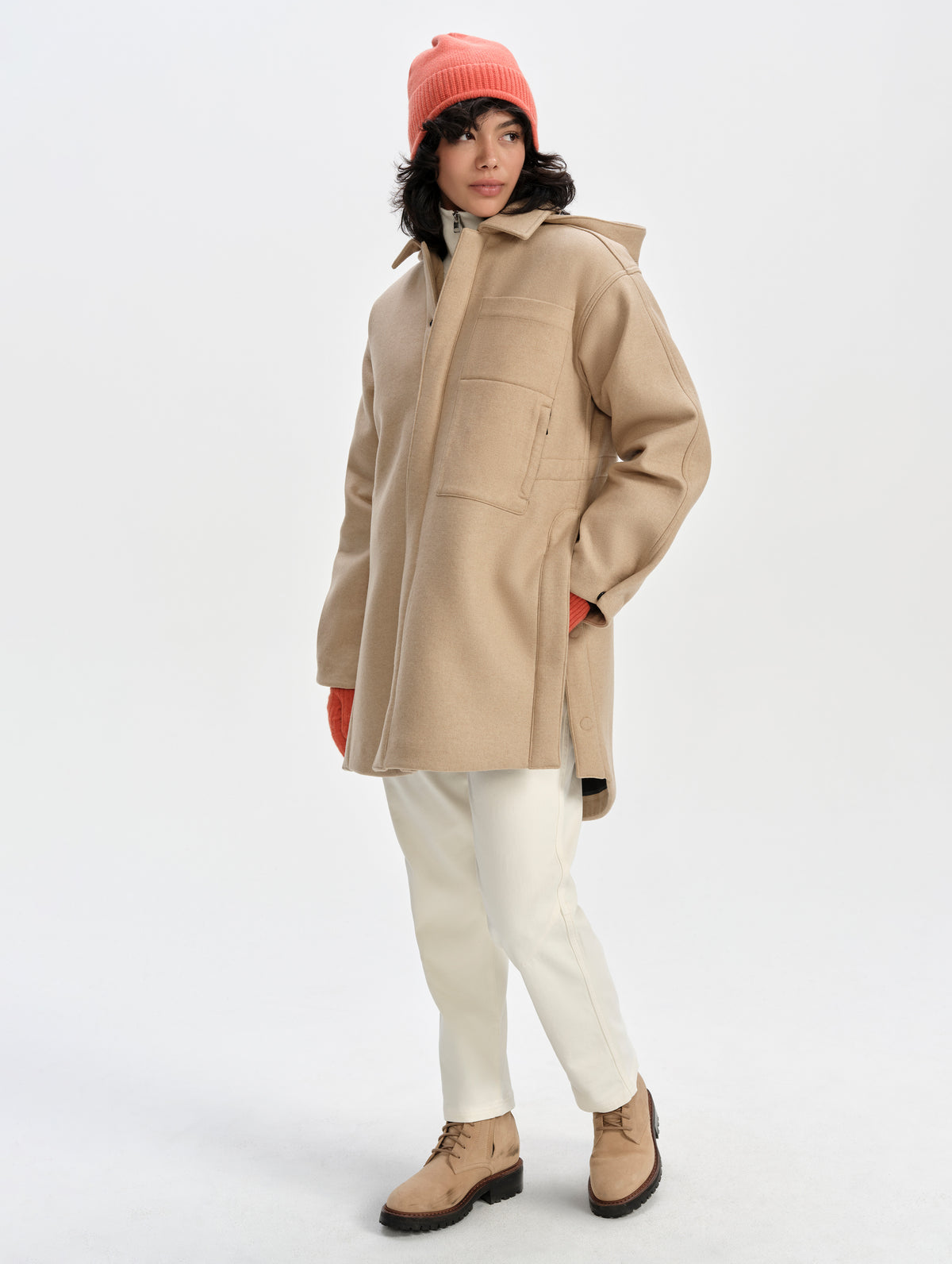 Front full-body view of woman wearing Affina Wool 3-in-1 Overcoat in Latte Brown from AETHER Apparel.