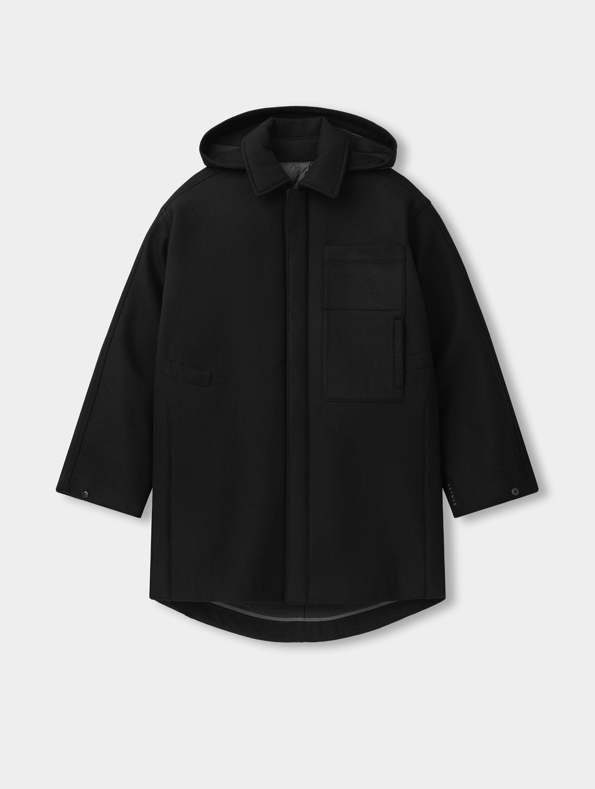 Flat lay view of the Affina Wool 3-in-1 Overcoat in Onyx Black from AETHER Apparel.