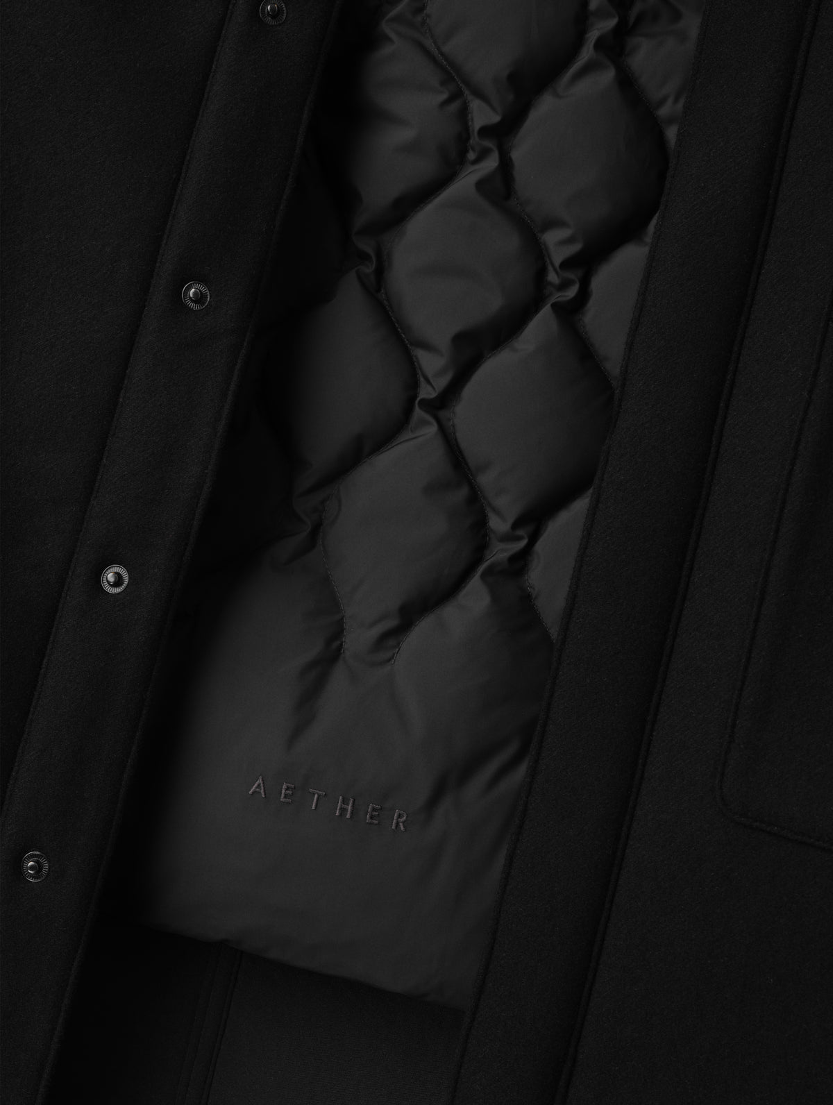 Closeup detailed view of the removable insulated thermal liner on the Affina Wool 3-in-1 Overcoat in Onyx Black from AETHER Apparel.
