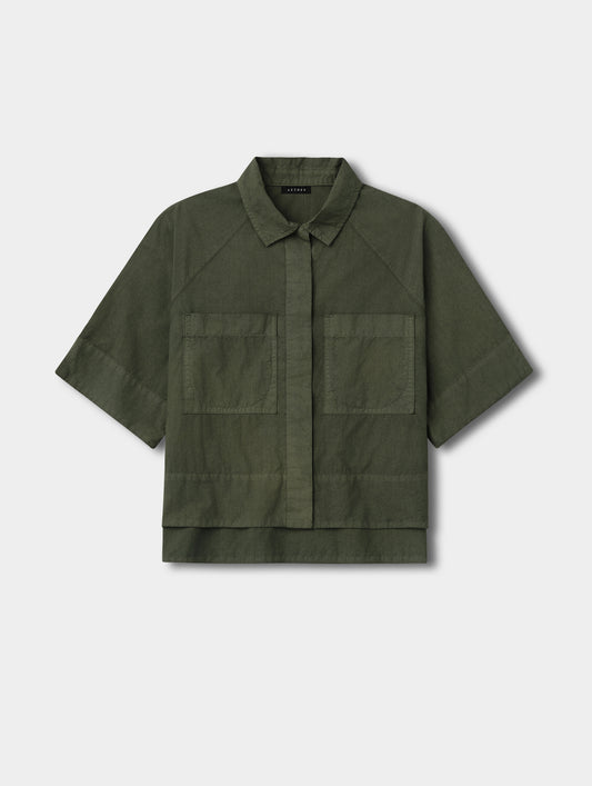 Flat lay view of the Alice Shirt in Forest Green from AETHER Apparel.