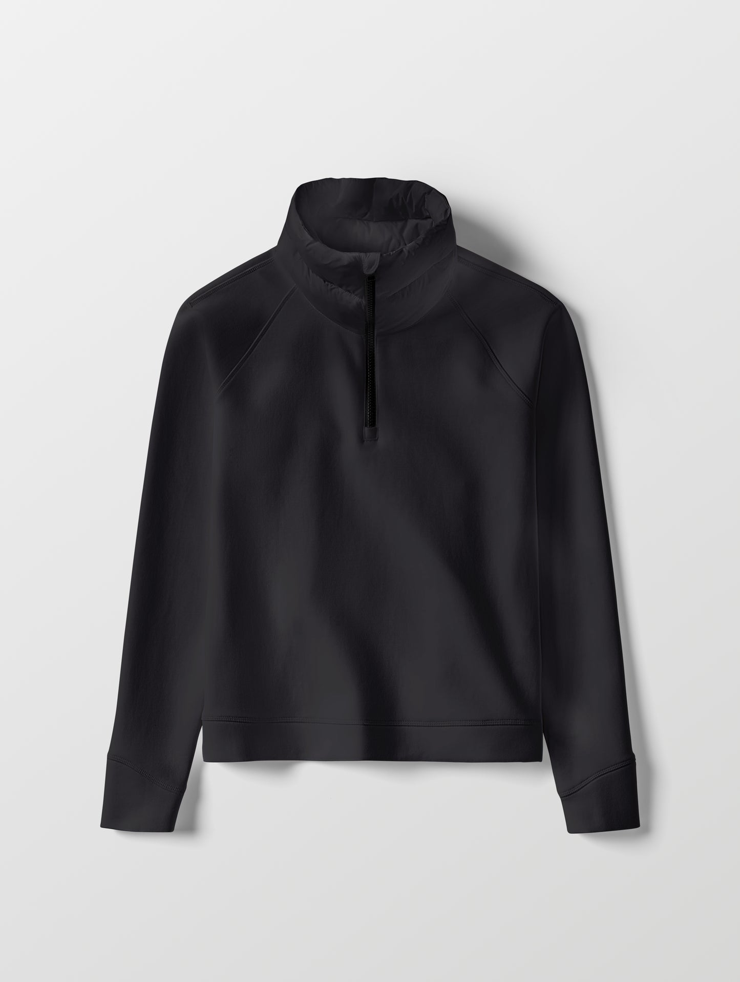 Flat lay of Align Half-Zip Pullover in Onyx Black from AETHER Apparel.