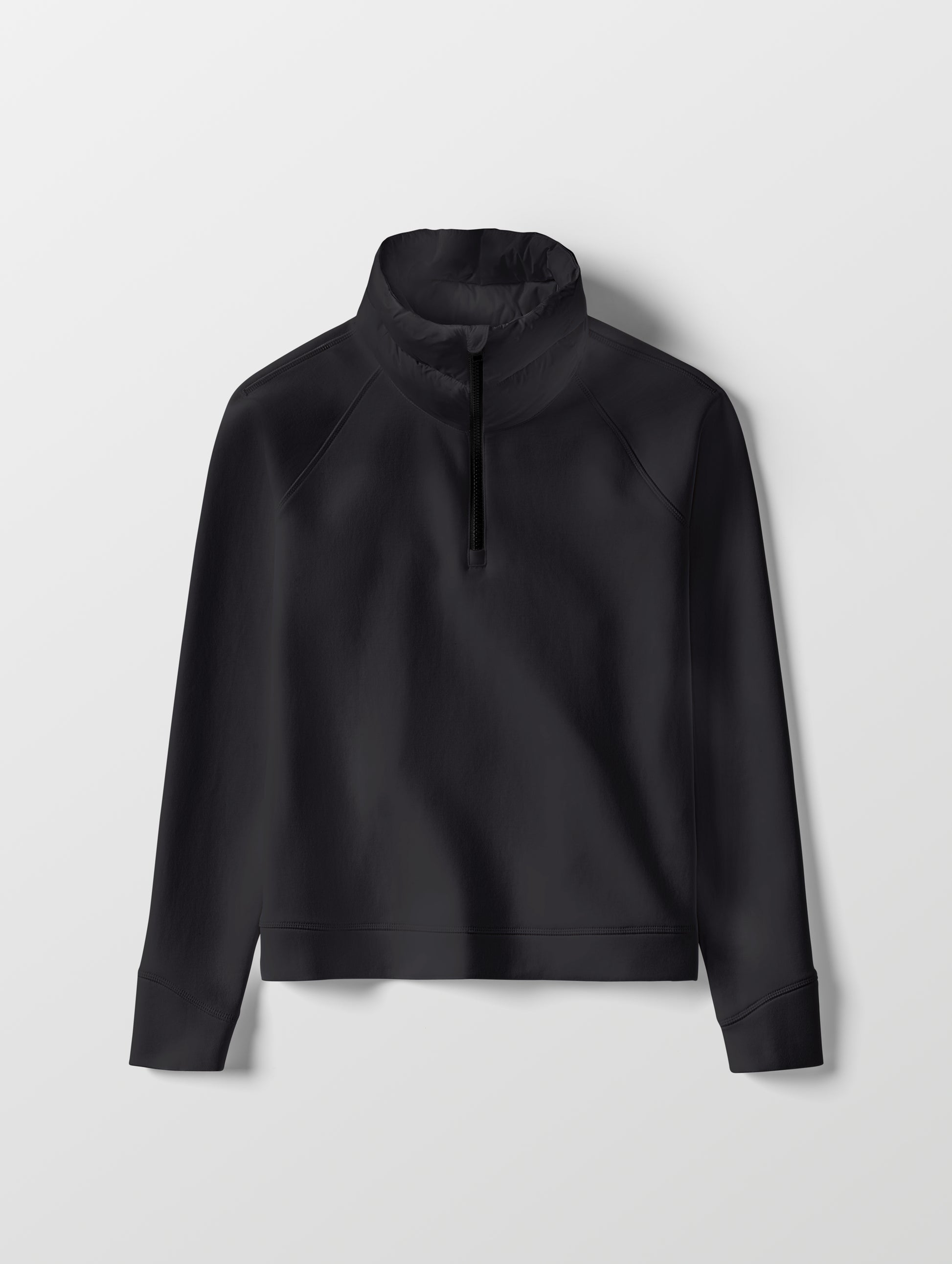 Flat lay of Align Half-Zip Pullover in Onyx Black from AETHER Apparel.