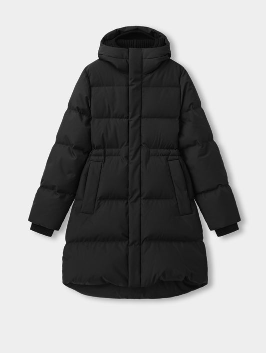 Flat lay of the women’s Aria Down Long Parka in Onyx Black, with knit-lined hood, cinched waist and drop-tail hem.