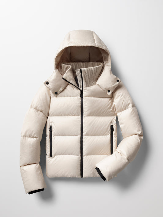 Flat lay of Aura Puffer Jacket in Bone white from AETHER Apparel.