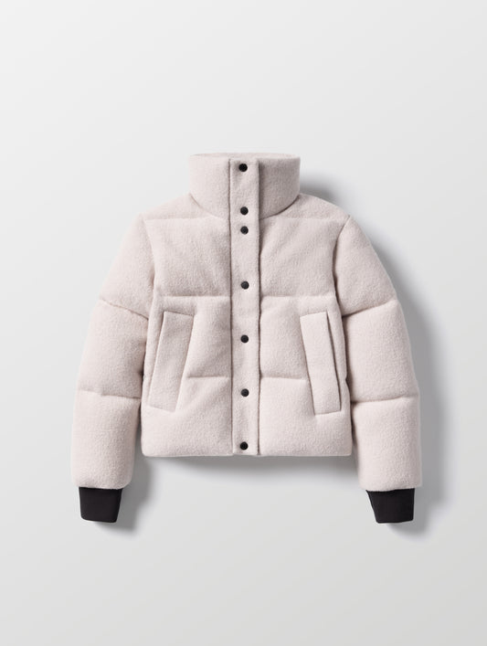 Flat lay of the Aura Puffer Jacket Wool in Bone white from AETHER Apparel.