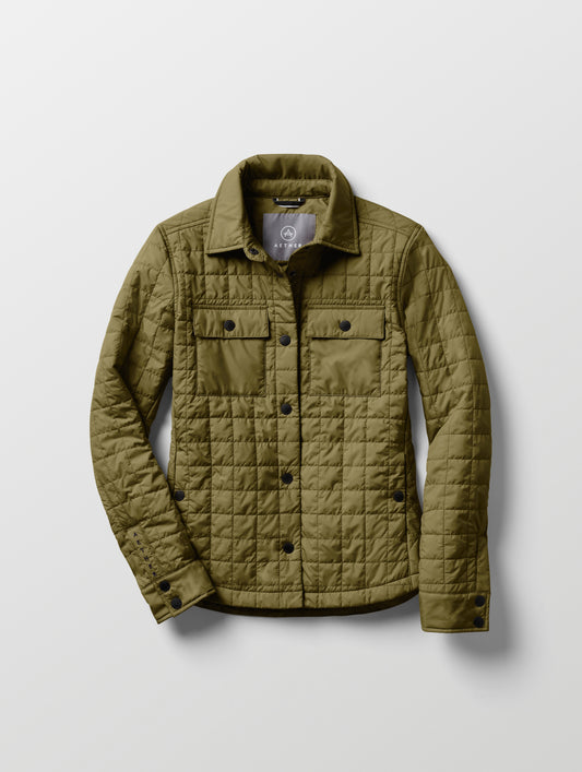 Flat lay of women’s Bardo Shirt Jacket in Command Green from AETHER Apparel.