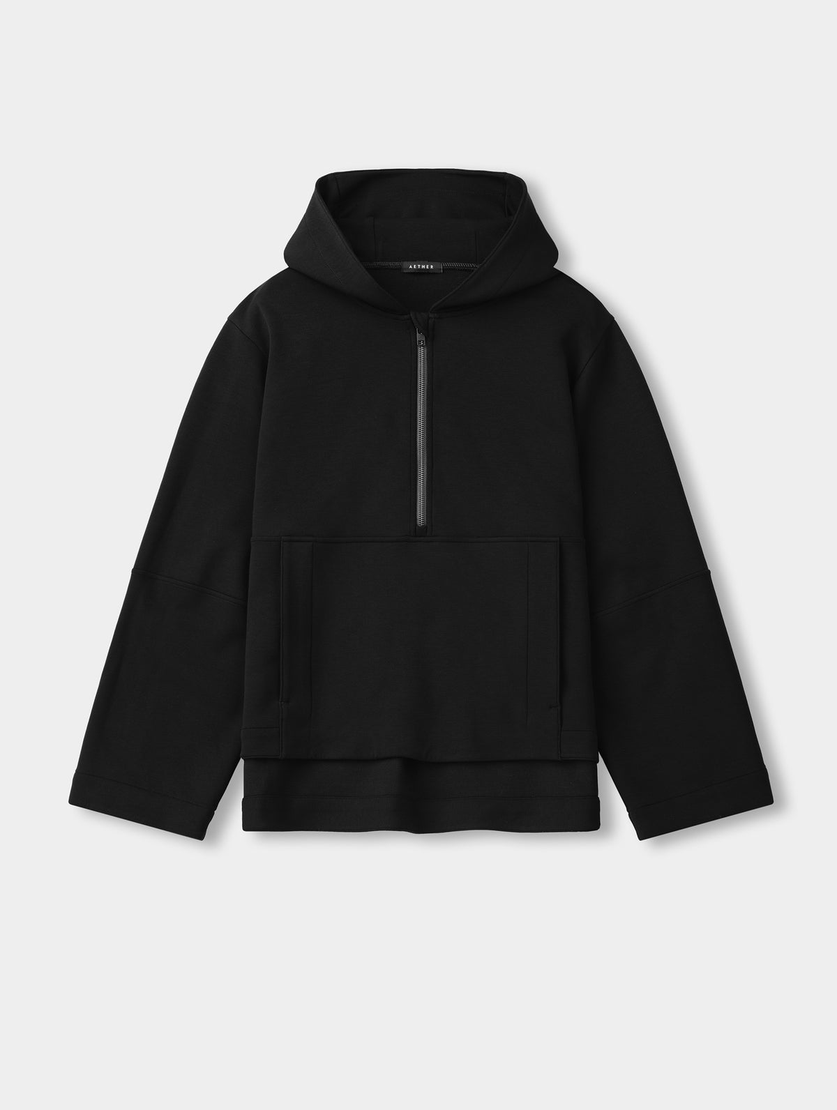 Flat lay view of the Blaire Premium Hoodie in Onyx Black from AETHER Apparel.