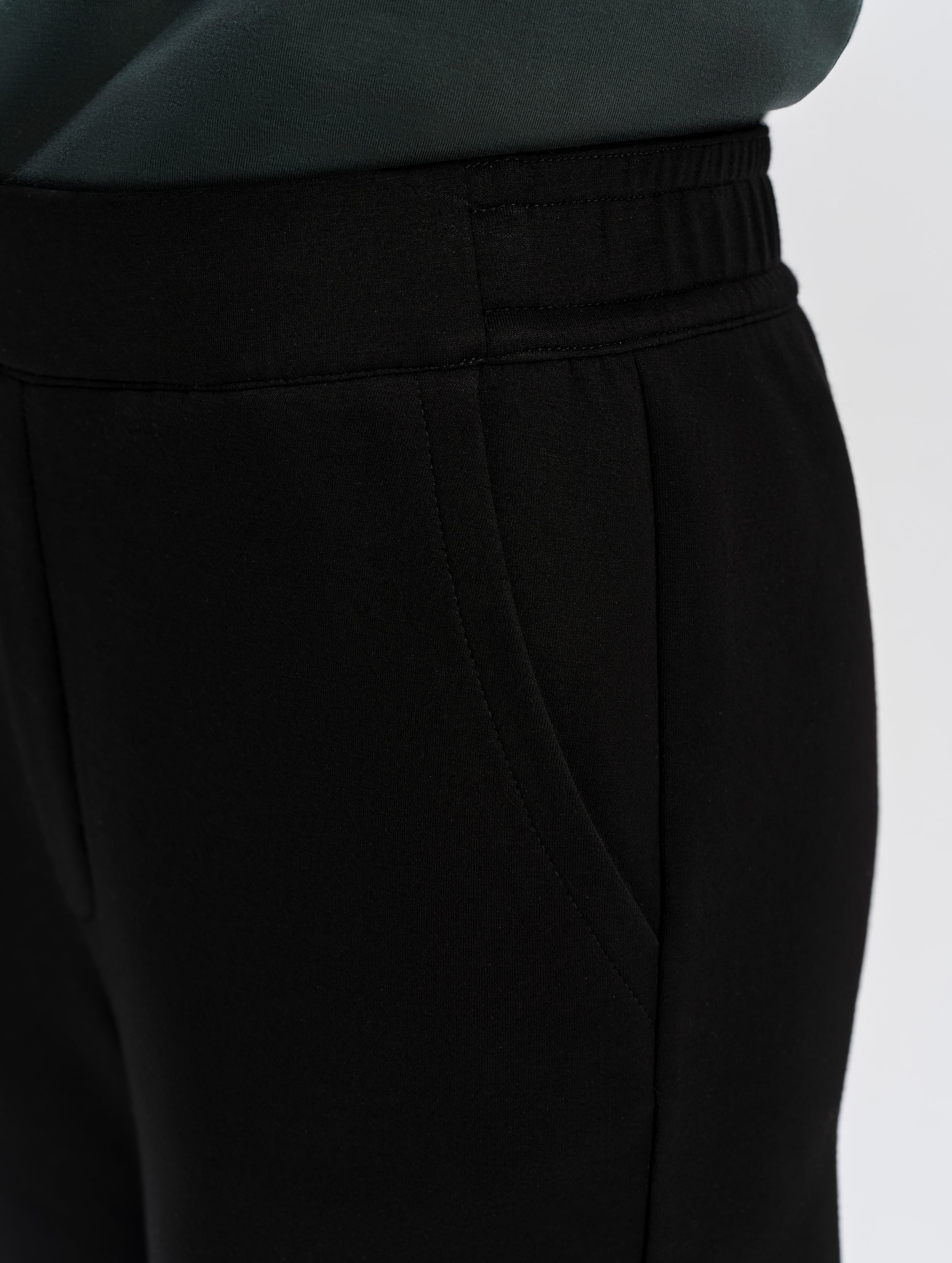 Closeup detailed view of the slant hand pockets on the Blaire Premium Sweatpant in Onyx Black from AETHER Apparel.