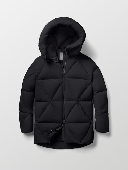 Flat lay of the Callie Oversized Down Parka in Onyx Black from AETHER Apparel.
