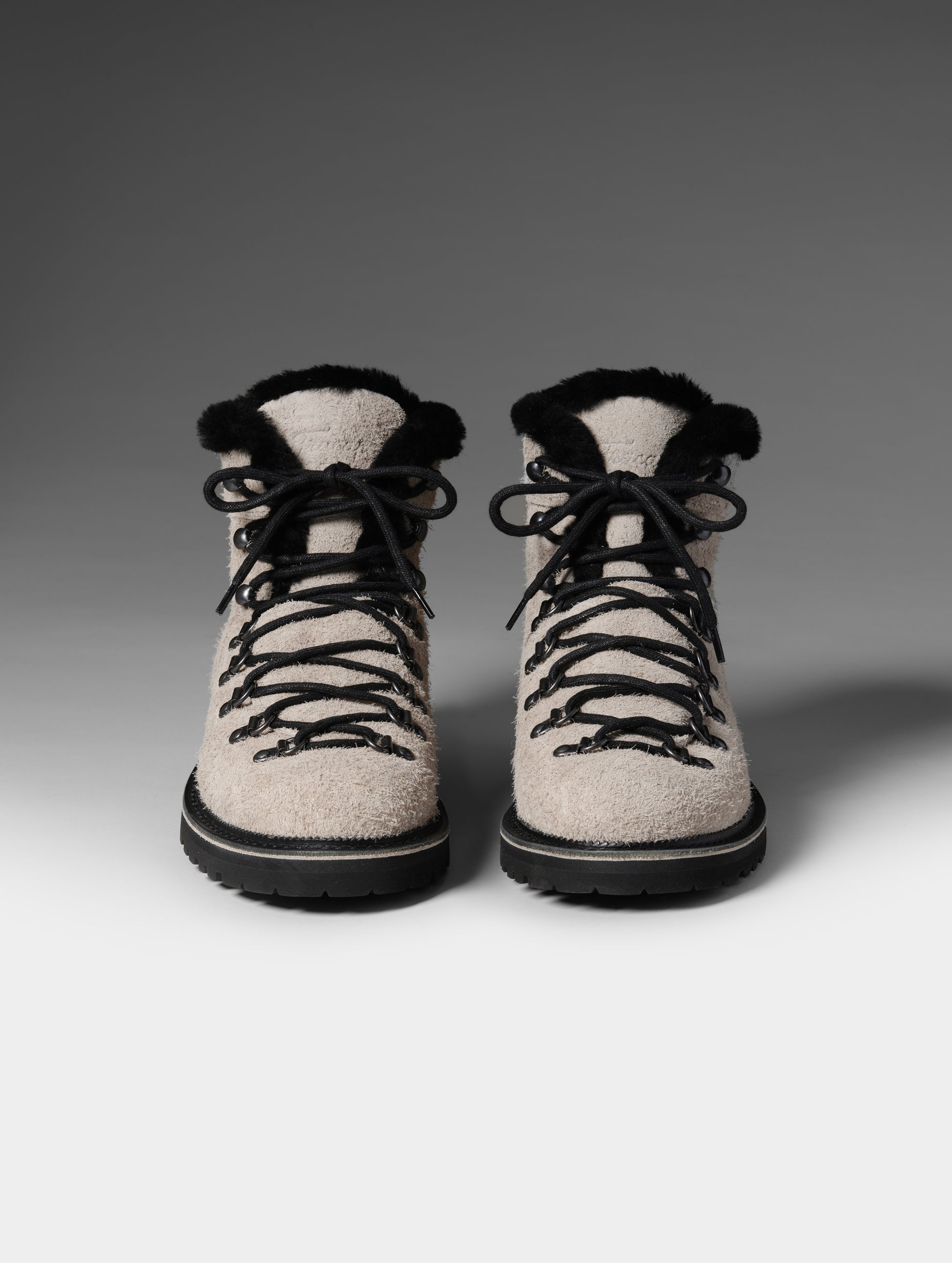Front studio shot of the W Dolomite Boot w/ Shearling in Sandstone with black laces from AETHER Apparel.