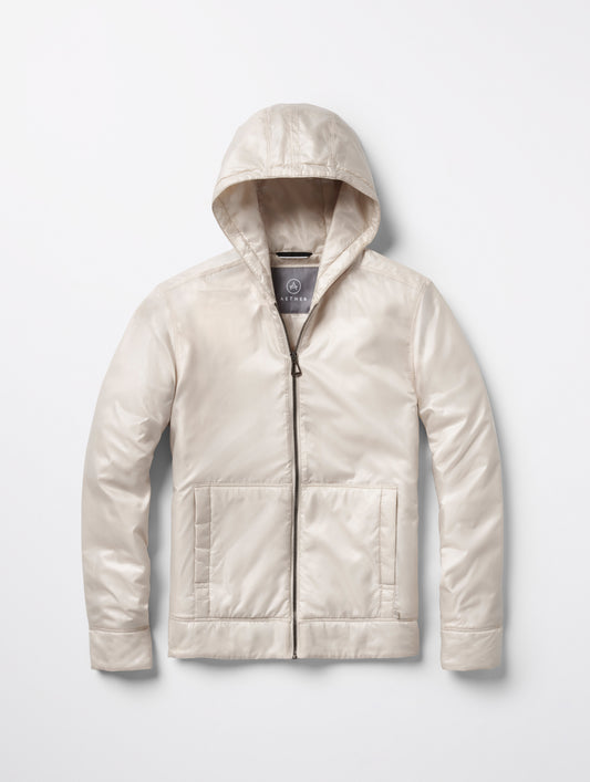 Flat lay of women’s Eco Space Hoodie in Bone white from AETHER Apparel.