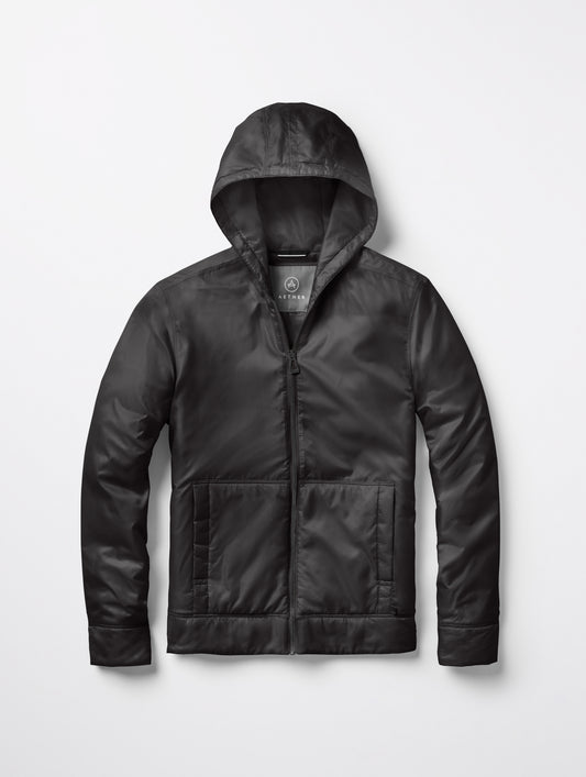 Flat lay of women's Eco Space Hoodie in Onyx Black from AETHER Apparel.