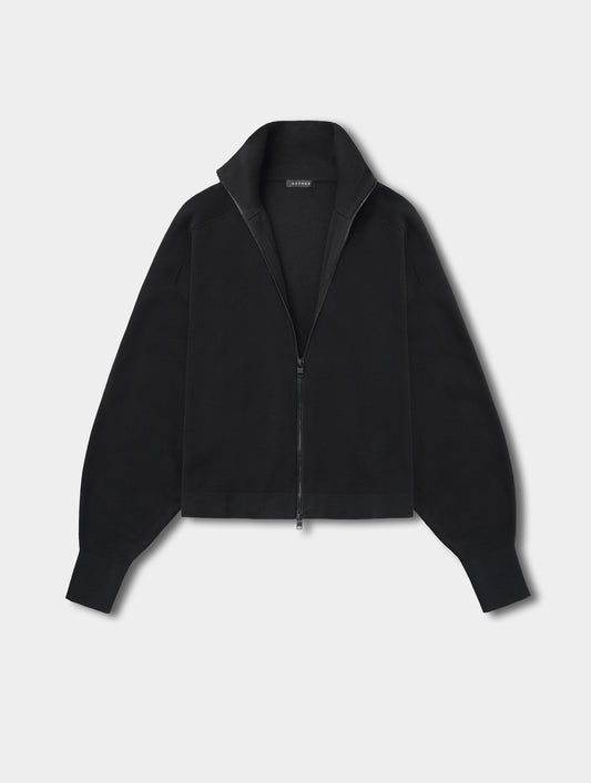 Flat lay view of the Eliana Full-ZIp Sweater in Onyx Black from AETHER.