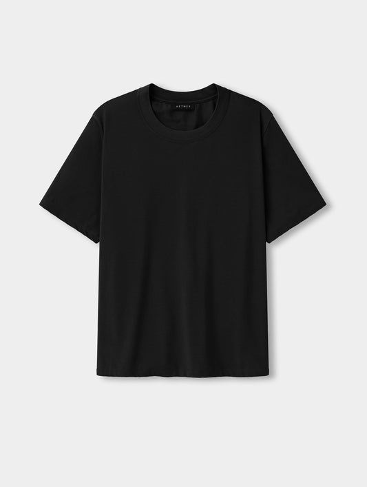 Flat lay view of the Hana Short-Sleeve Tee Shirt in Onyx Black from AETHER Apparel.