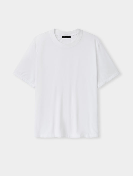Flat lay view of the Hana Short-Sleeve Tee Shirt in White from AETHER Apparel.