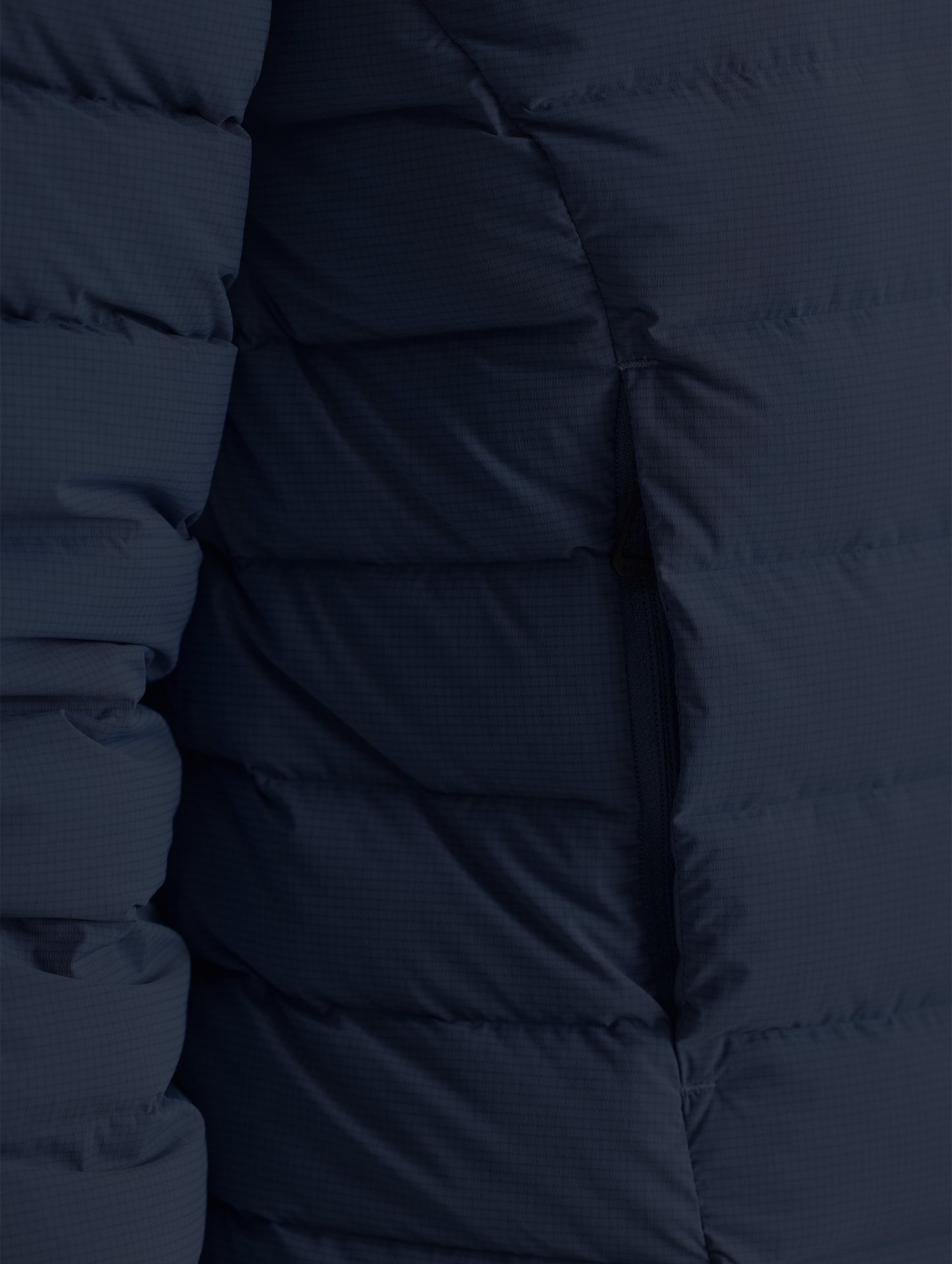 Closeup detail view of wearer's right pocket of W Launch Full-Zip Jacket NH in Onyx Black from AETHER Apparel.